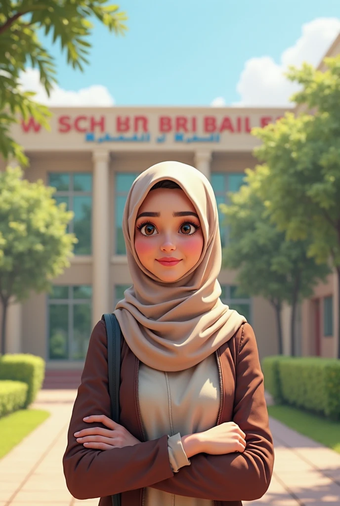 fan art photography in stylized Disney style, A ,wearing hijab, wearing black graduation hat, in fushia pink, maroon graduation gown, maroon color  theme background, kawai theme background, maroon light effect background,leaf effect background, cute design, bright results 