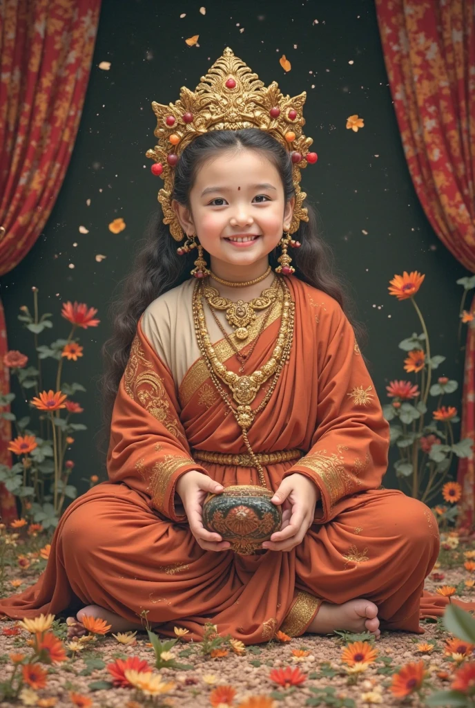 A 2-year-old child, smiling and cute, in the shape of a little monk, standing in the temple hall, holding a lotus in his hands, with wax candles and temple elements in the background