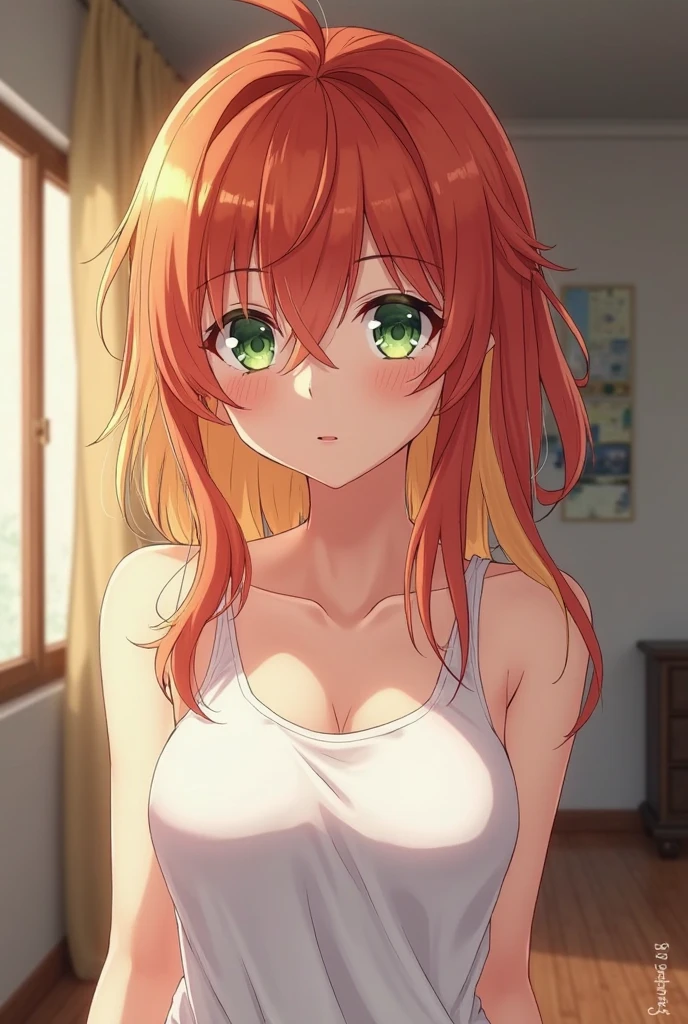 Sexy anime girl red hair green eyes standing hands on hip pov indoors living room 