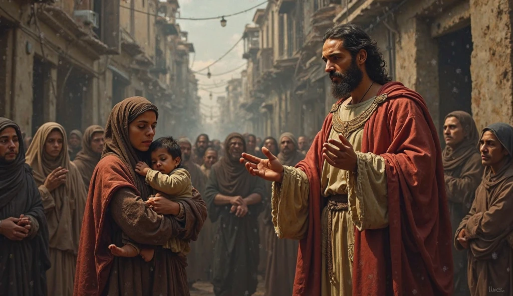 JESUS PREACHING IN A CROWD OF PEOPLE AT THE SIDE OF THE ROAD a woman who comes with a sick child 