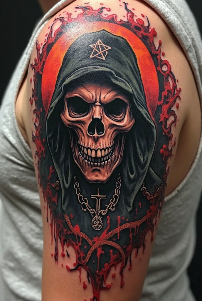 tattoo of a raven head, human skull and a compass