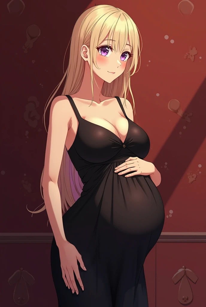 Cynthia, solo, 1girl, masterpiece: 1.2, smile, hair_over_one_eye, medium_breasts, full body, standing, casual wear, black long-sleeved blouse, V-neck blouse, wide neckline, sweatpants, walking in a park, pregnant, wearing ice cream in her right hand, left hand on breasts, blush.