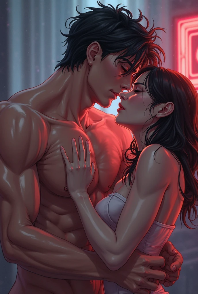 Amazing portrait of a shirtless boy passionately kissing a sexy woman wearing an unbuttoned sheer white shirt that shows the sexy red lingerie underneath in an intense scene that takes place in a dark room with one lamp giving off some warm lighting and they're sweaty and lustful and erotic as they're passionately making out intimately