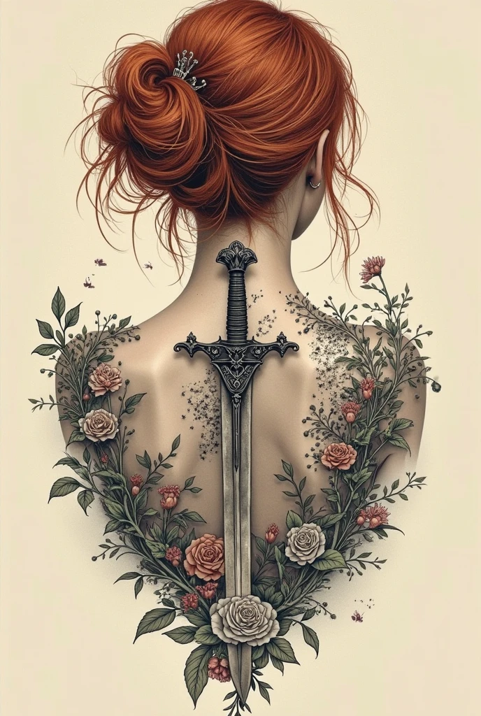 Spine sword tattoo with a flower growing up it
