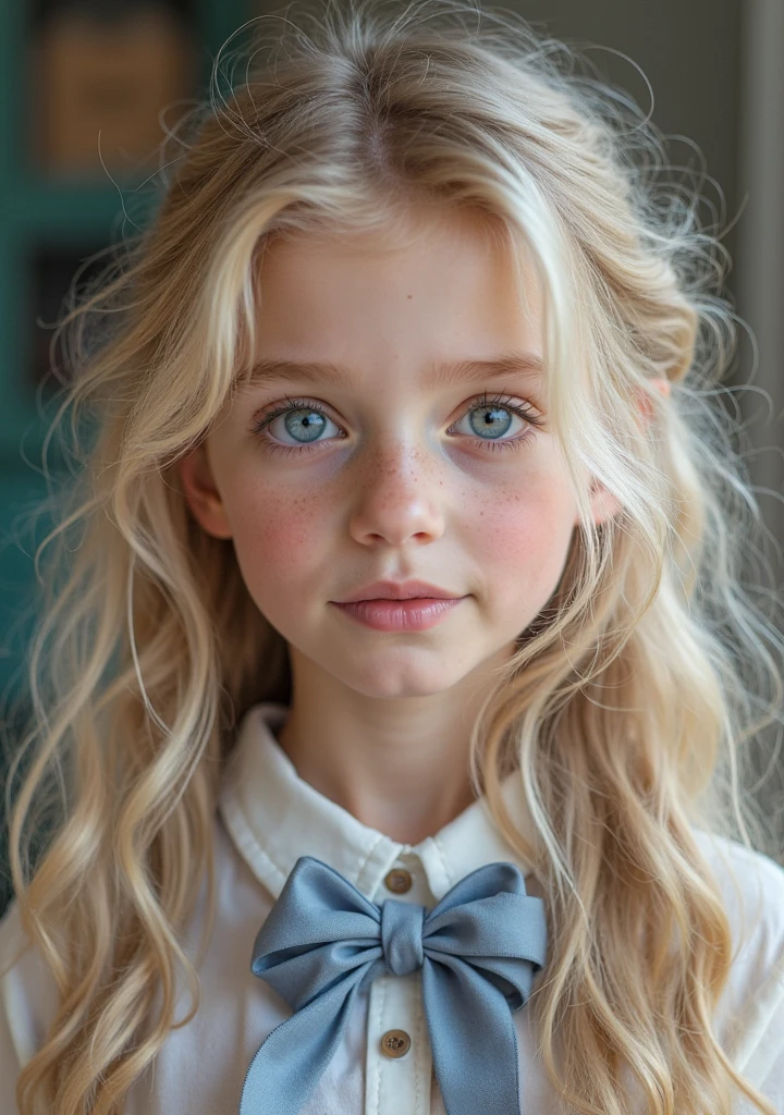 Russian, Girl Kids , Close-up, Photo Studio Infinite Background White Bust, Portrait , Long Blonde Hair and Bows