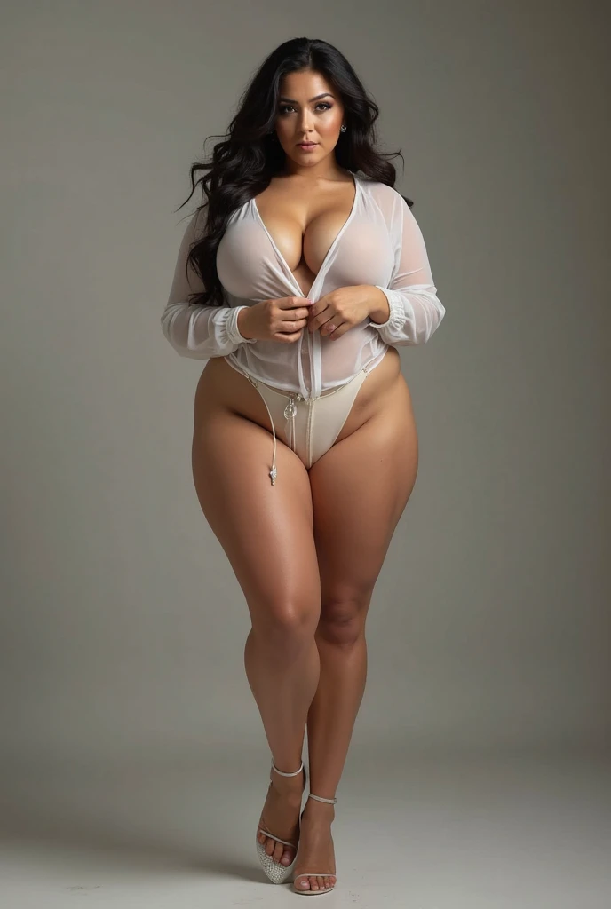 A girl with large proportions showing her feet and wet clothes, A low view shows her through her striped panties