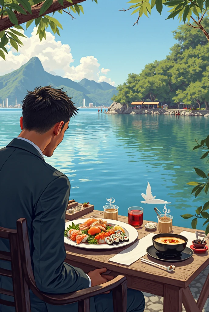 Realistic, real life, beautiful breakfast table by the water with background by greg rutkowski, style of laurie greasley, studio ghibli, akira toriyama, james gilleard, genshin impact, trending pixiv fanbox, acrylic palette knife, 4k, (vibrant colors), (bright color contrast), (highly saturated), devinart, trending on artstation
