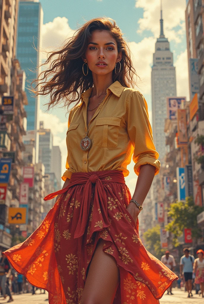 detailed face, A stunning photograph of a fashionable lady walking down a sunny street in a bustling city, captured in a naturalistic style by photographers Sam Yang and Ross Tran. The scene is highly-detailed, with intricate textures on the lady's clothing and sharp focus on the surrounding buildings. The lighting is bright and optimistic, with the sunlight creating a warm glow and a sense of hope and positivity,