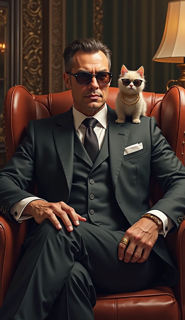 4k ((best quality)), ((masterpiece)), (detailed), hd, realistic face muscular bald male soldier full body wear white shirt sunglass sit at chair cat in his shouder