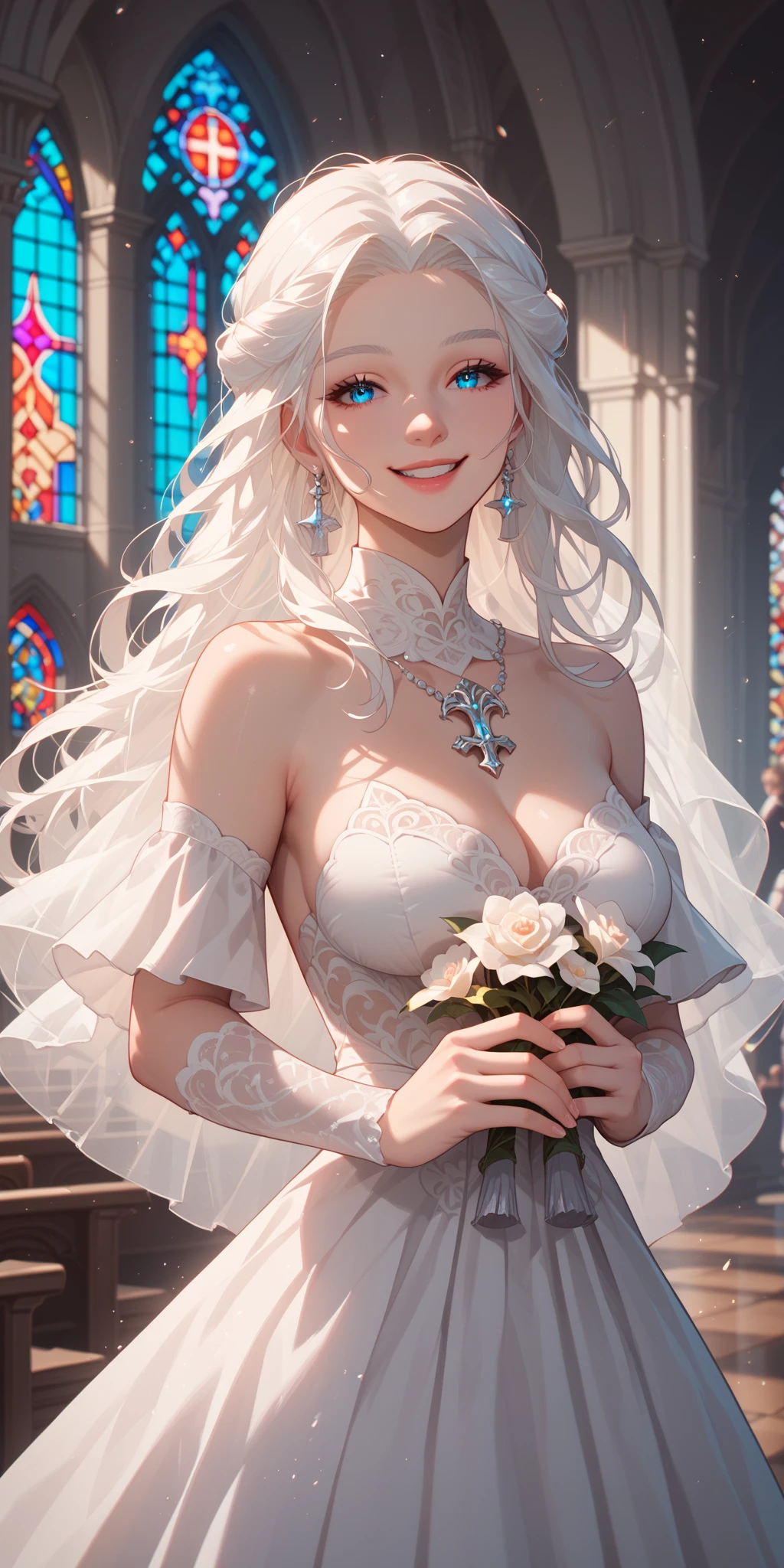 a beauty girl Colossal tits White hair Luxurious dresses dame younger sister eleonora jewely a miniskirt veils a flag Maid Smile Flower bouquet Pedras preciosas treasures Luxurious necklace