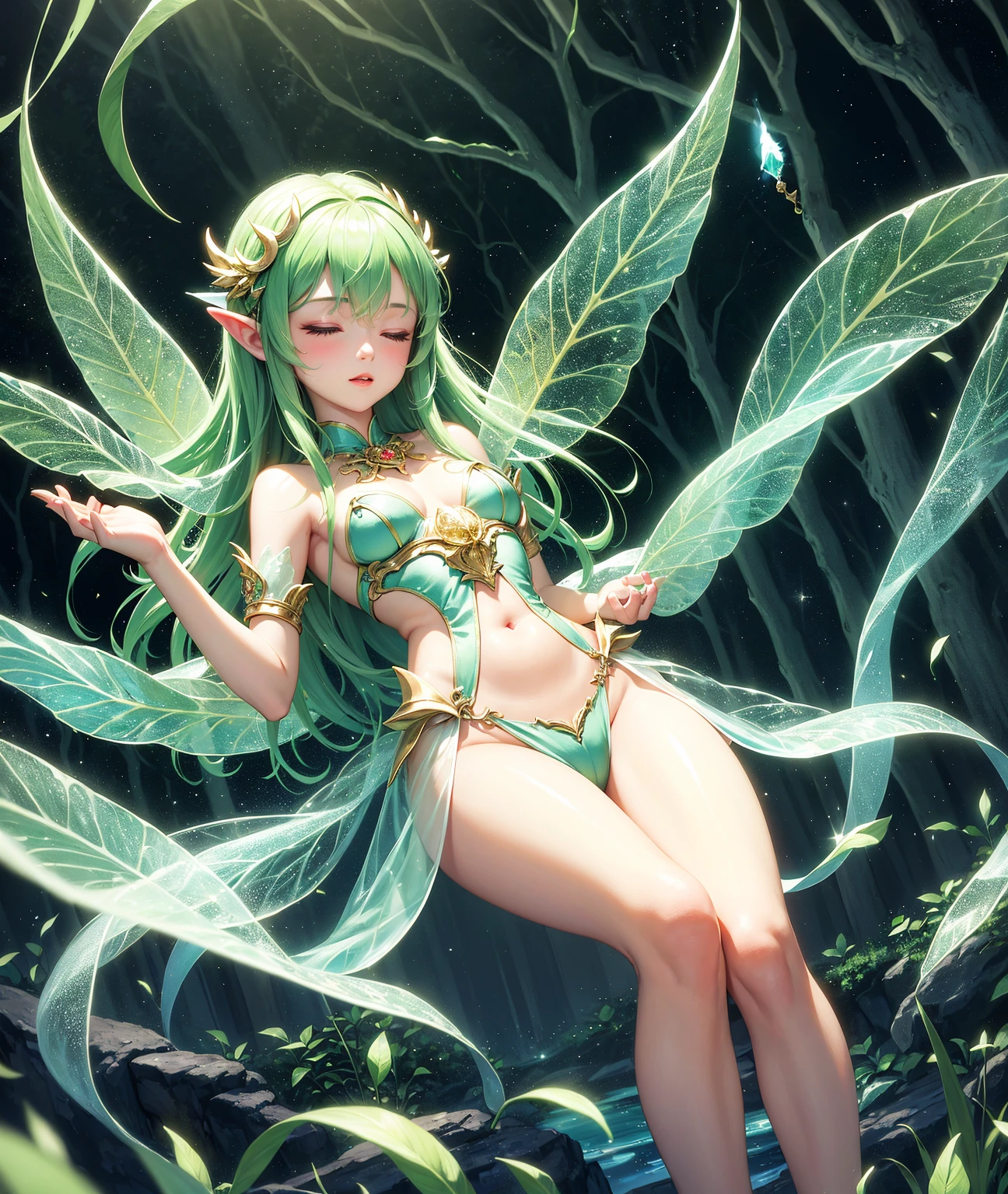 anime - style image of a woman in a fairy costume in a pond, elf girl wearing an flower suit, smiling as a queen of fairies, guweiz on pixiv artstation, trending on artstation pixiv, beautiful fairy, guweiz on artstation pixiv, queen of the fairies, forest fairy, fey queen of the summer forest, goddess of spring