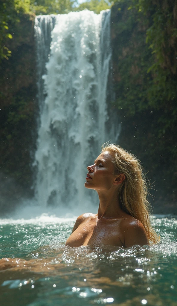 with blonde locks of very long and wavy hair, with green eyes of Spanish origin, with a pretty sweet face big breasts,bikini,piscine