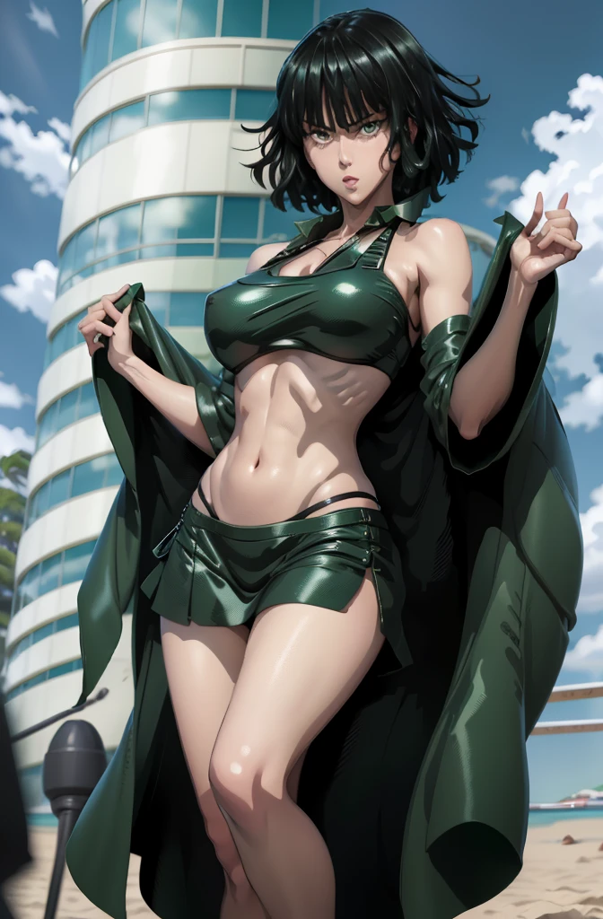 Tatsumaki, [white-skinned woman:1.2, long curly hair:1.2, sports bikini, snub-nosed, bright green eyes], portrait, VSCO filter: C8), milf, old woman, green hair, (( sports, flushed, smile coqueta, green eyes)) ,  (( flushed, smile, oiled skin)),  Green hair, (( wide hips, thick thighs, big butt,)), skinny body, (( small breast, coat)),  long legs, open legs, abs, muscle, (( muscle girl)), Iparuputsua, standing, (( de pie )), on the street at night, city lights in the distance, people around, Tokio, 