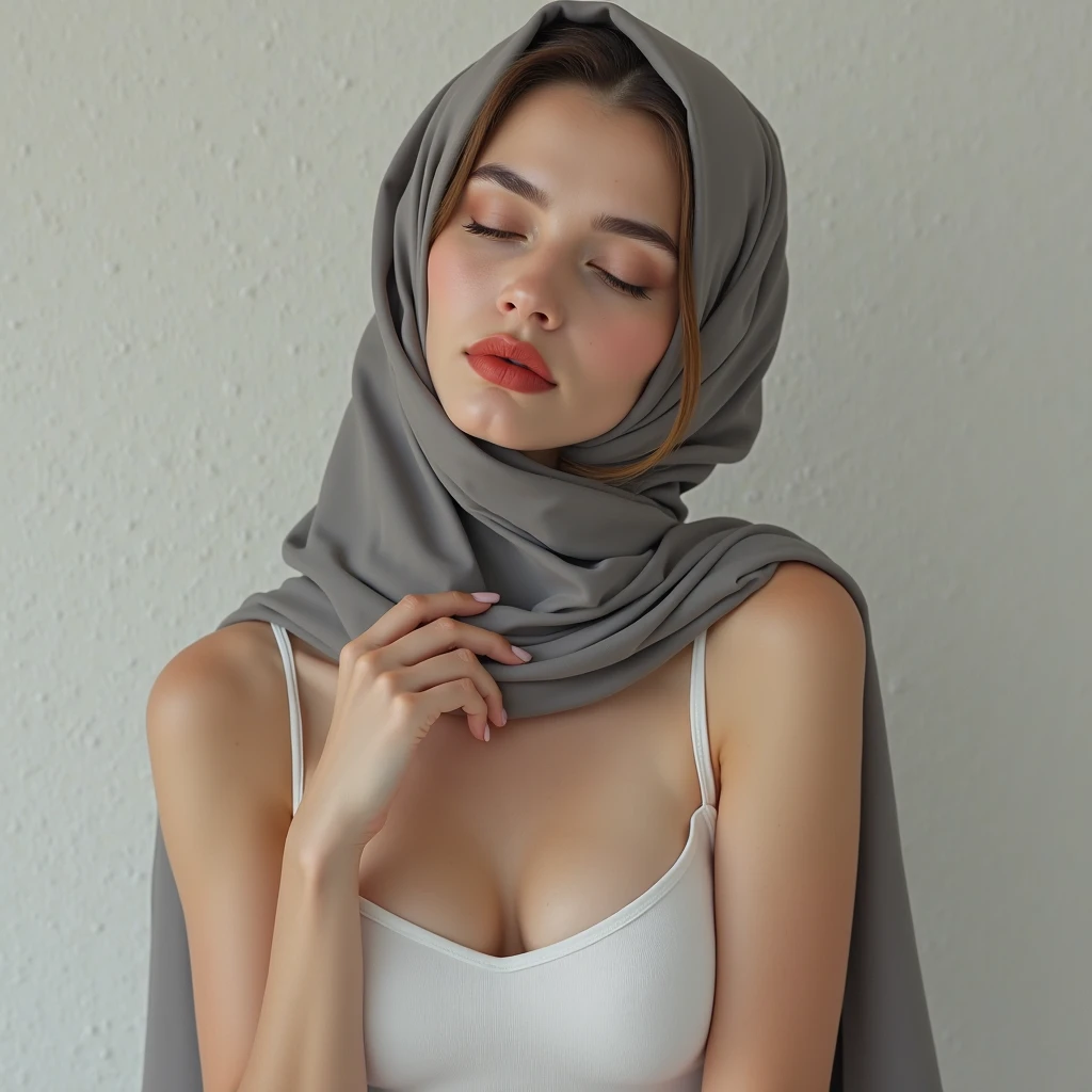 ((Red Lips)), Coats Medium body portrait, ((White Hijab Stylish)), HALIMAH'S MOTHER IS 85 YEARS OLD HER BODY IS VERY FAT & NUDE AT A DARK NIGHT PLACE, Ultra High Res. realistic: 1.4, UHD, lace , very flat chest, half body portrait , skinny my body, view from side seductive pose , (old lady:1.5)
