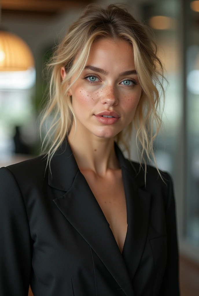 create an influencer,blonde hair,Scandinavian,light eyes,light brown skin, spotty, girl next door,business clothes in the office, plunging neckline, hair tied back