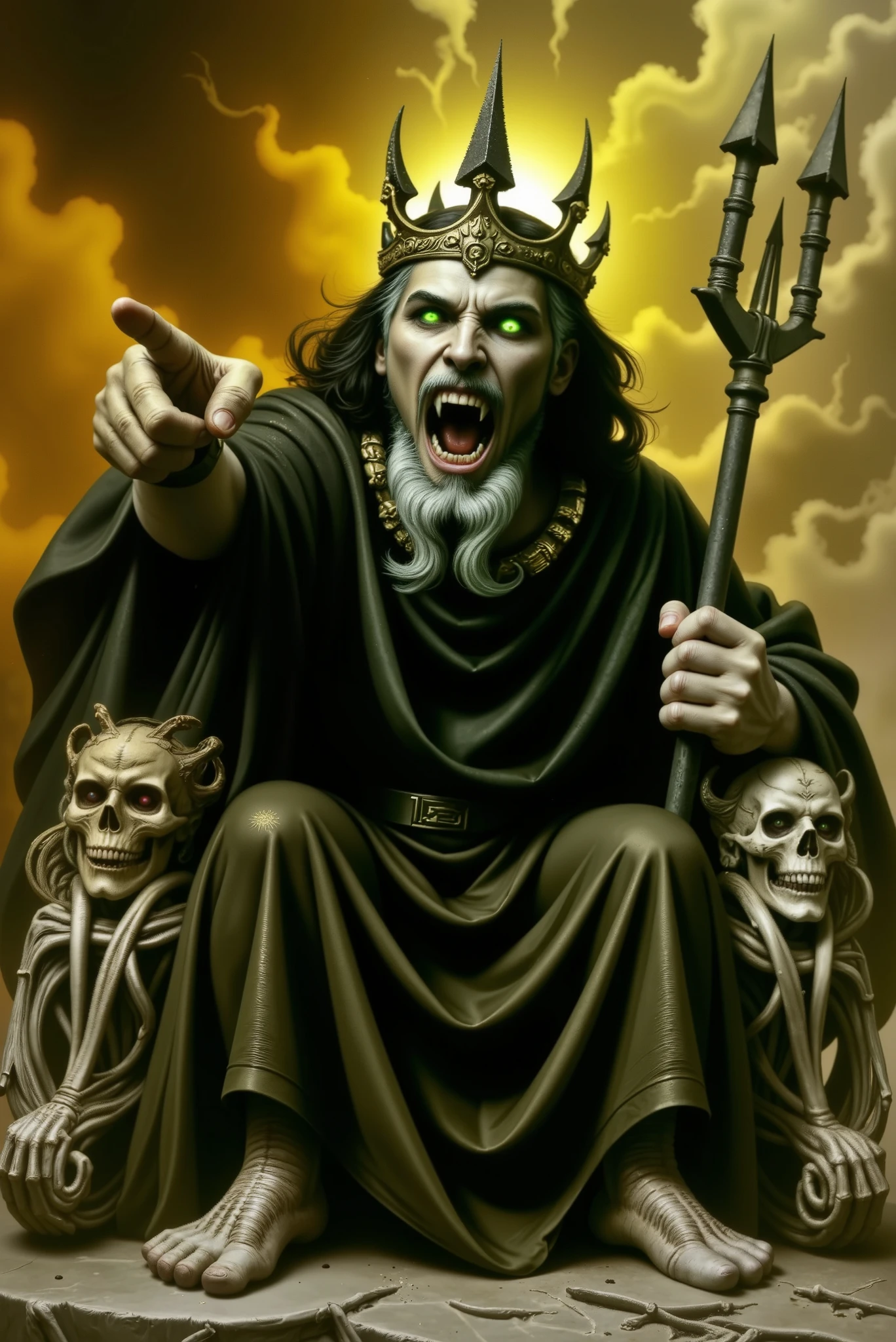 A somber and majestic depiction of Hades, the god of the underworld, seated on a throne made entirely of human bones. His face is gaunt and skeletal, resembling a skull, with eyes emanating an intense green flame. He has long, straight black hair that falls to his shoulders, and a long, gray beard that reinforces his imposing appearance. He wears a shiny black tunic and an equally black cloak, both with a heavy, flowing texture. On his head is a black stone crown with three sharp points, similar to his trident, which he holds firmly in one hand. The scene is shrouded in dark, turbulent clouds, with shades of brown, gray, and black, and a soft golden lighting in the background. The atmosphere is charged, mystical, and powerful, with a strong contrast between light and shadow, highlighting the macabre details of the throne and Hades' supernatural aura.
Hades, the god of the underworld, in a moment of pure fury. He is pointing directly at the viewer, saliva spraying from his mouth as he screams in a fit of divine rage. His face is thin and skeletal, resembling a skull, with eyes emanating an intense green flame. He has long, straight black hair that falls to his shoulders, and a long, gray beard with two points, reinforcing his imposing appearance. He wears a matte black tunic and a shiny black cloak, both with a heavy, fluid texture. On his head is a black stone crown with three sharp points, similar to his trident, which he holds firmly in one hand. The scene is shrouded in dark, turbulent clouds that appear to be made of green fire, with shades of yellow, gray, and black, and a soft orange lighting in the background. The atmosphere is charged, mystical, and powerful, with a strong contrast between light and shadow, highlighting the macabre details and Hades' supernatural aura.