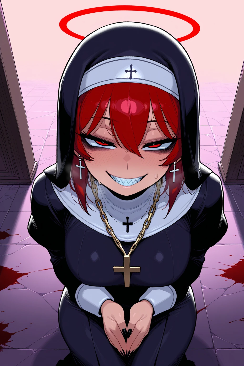 a gigantic woman nun big breast sexy bored serious sad emo sleepless eye sleep tired short black hair her pink eye dresses nuns suit shows navel and a long black skirt