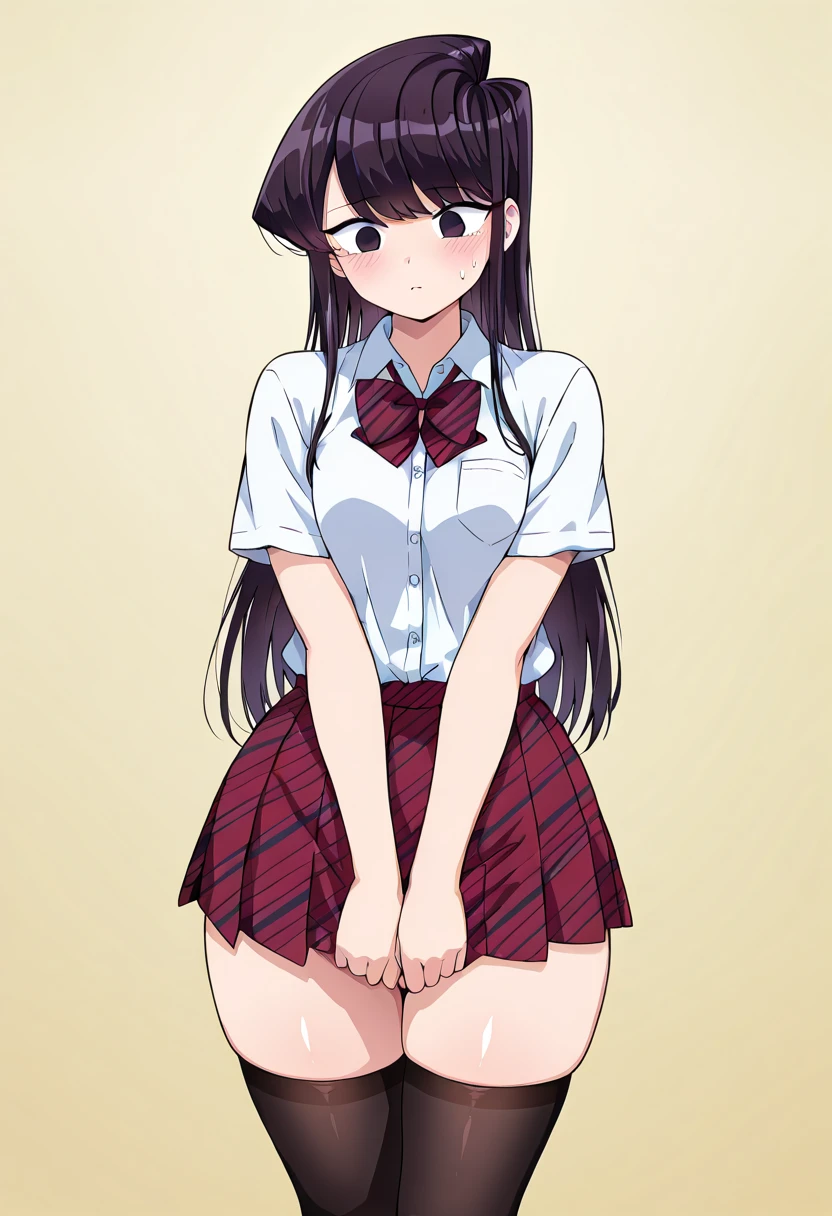 Best Quality, masterpiece, ((Solo, 1girl)), Komi shouko, fine detailed shiny eyes, medium chest, high resolution, best lighting, extremely detailed illustrations, blush, embarrassed, smile, open mouth, crotch seam, cameltoe, day, dripping wet, stained white panty, very NSFW, female masturbation, no top, hot, vaginal fluid, extremely aroused, female , vaginal squirting, schoolgirl outfit, lifting skirt,
