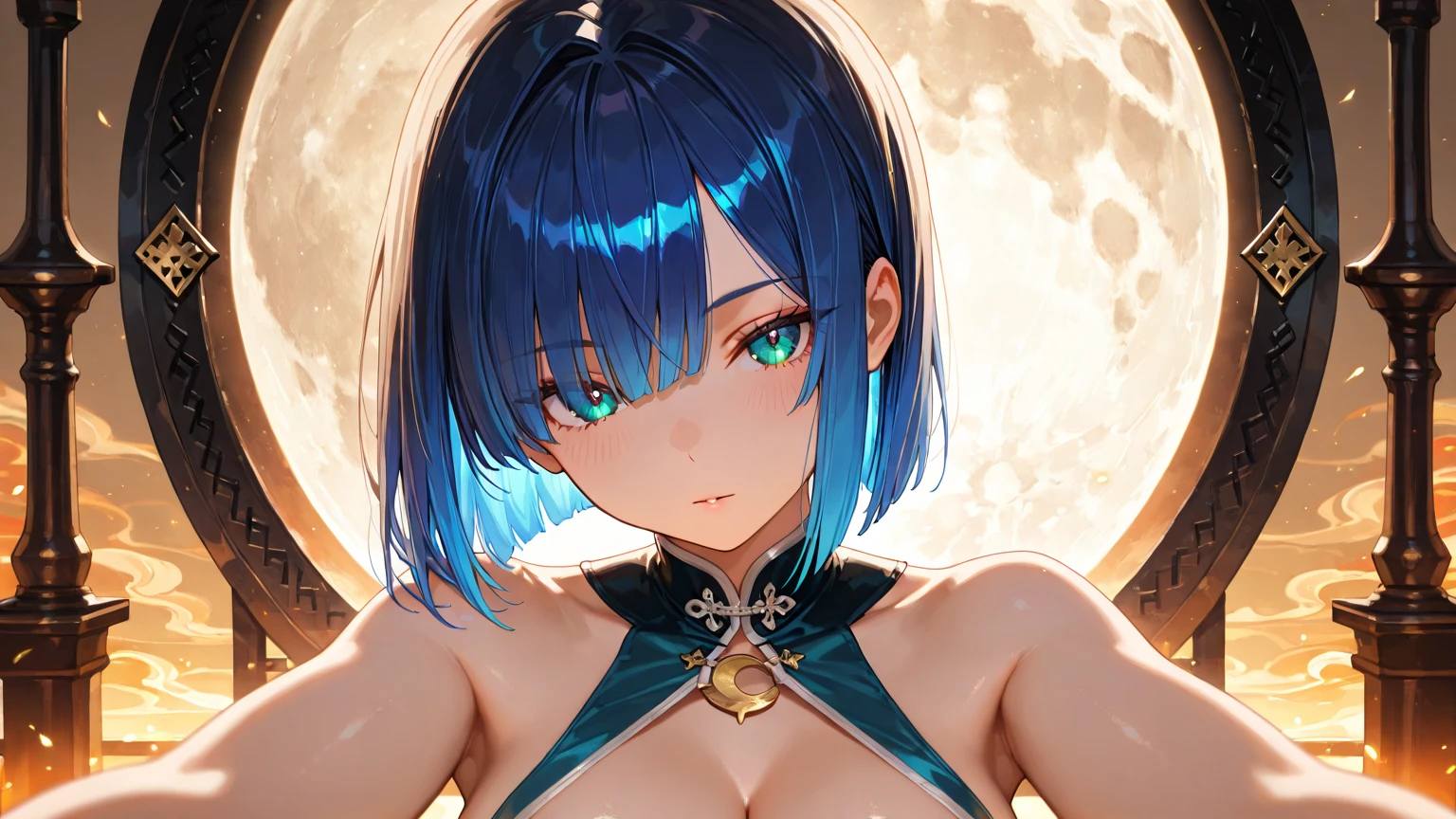 master part, high, high quality, detailed face, Detailed body, full body, slim body, nude body, 09years, loli, 1girl, solo, hinata hyuuga, blue hair, short hair, white eyeballs, nude shoulders, large breasts, necklace, bracelet, white hairband, standing, happy, blushes, night, space, nebula, moon and stars, galaxy,