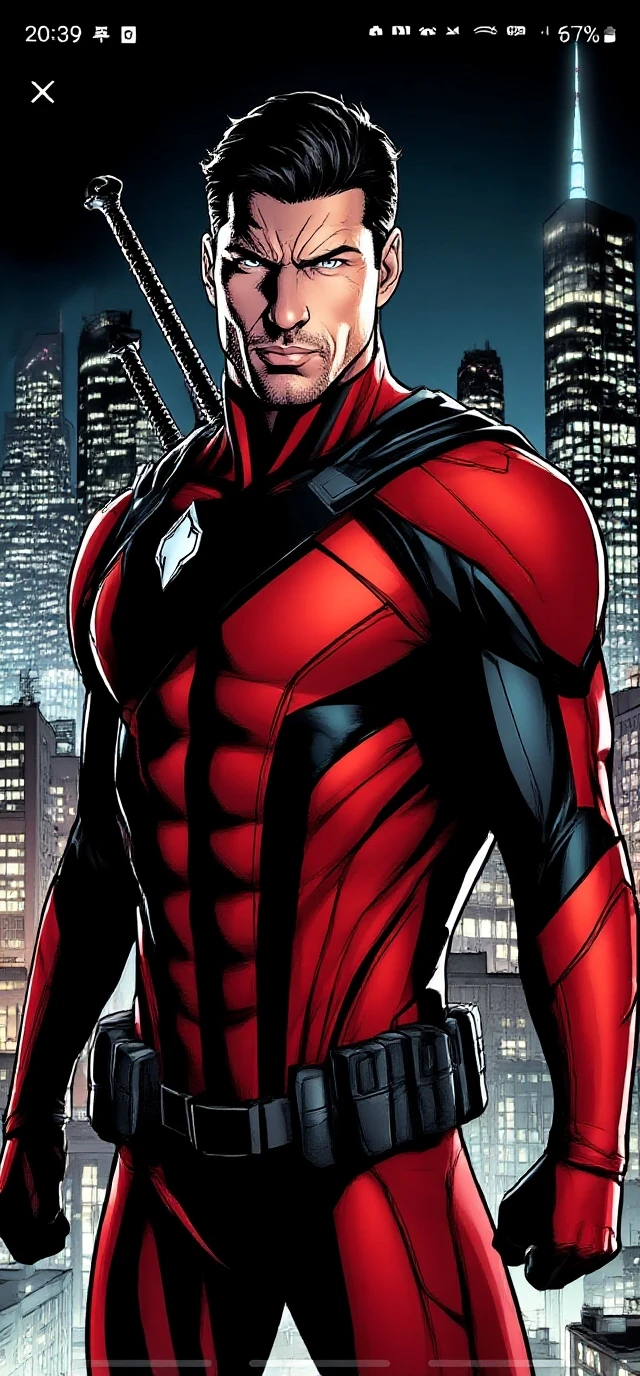 Deadpool very serious with crossed arms looking at the viewer with gray background