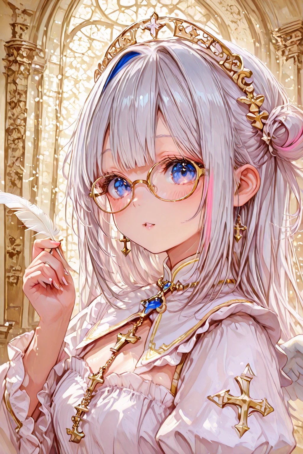 ((best quality)), ((masterpiece)), (detailed), une fille, visage parfait, Longhaire, ((golden hair)), curly hair, decorated cheveux, ultramarine blue eyes,  ((((Exquisite artistry, maximum detail, ultra-high definition)))), 1girl, nature lover, sitting, (long brown hair:1), ((glasses:1)), ((green eyes:1.2)), ((glowing_eyes:0.5)), (((ultra detailed eyes:0.8, detailed face, beautiful eyes))), ((close-up)), (half-length shot), side view, facing left, (((garden, flowers:0.9))),  build, leaning forward, ((gazing at flowers)), ((gloved hands:1)), (((head, hands in view, elbows, knees in view))), ((crossed legs)), tired yet content expression, soft lighting, indoor, indoors, background, (((defined subject))), 23 years old, ((calm)), (((warm)))