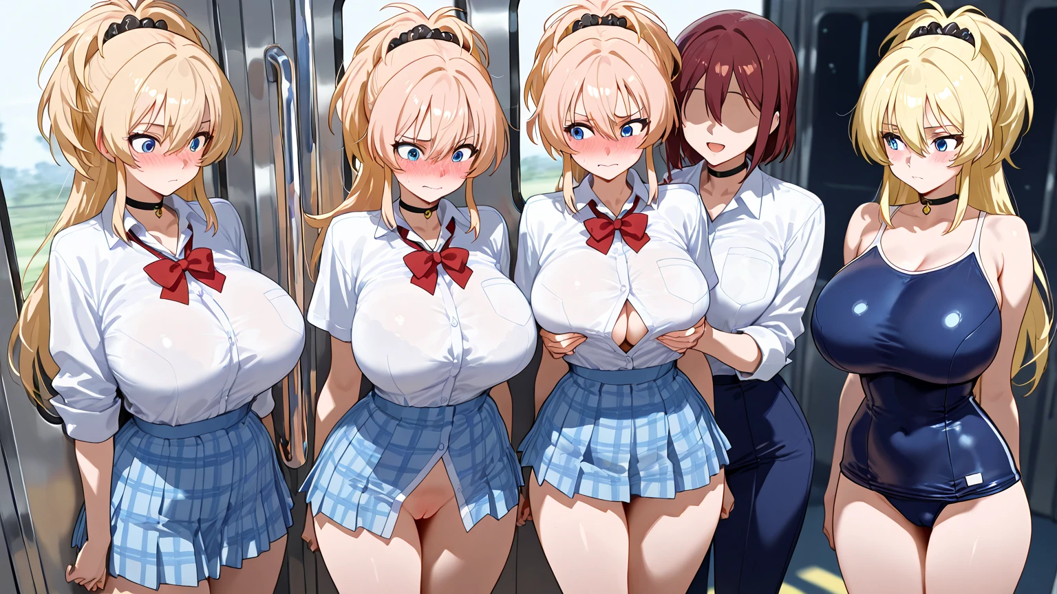 (solo skinny girl standing), (bending back), turning chest upward, arms behind back, emphasize cleavage, BREAK, disproportionately huge breasts cinched up, turning breasts upward, too narrow wiry corset cinches waist tight, inconceivably thin narrow waist, inconceivably short torso, frilled very short miniskirt, BREAK, nose blush