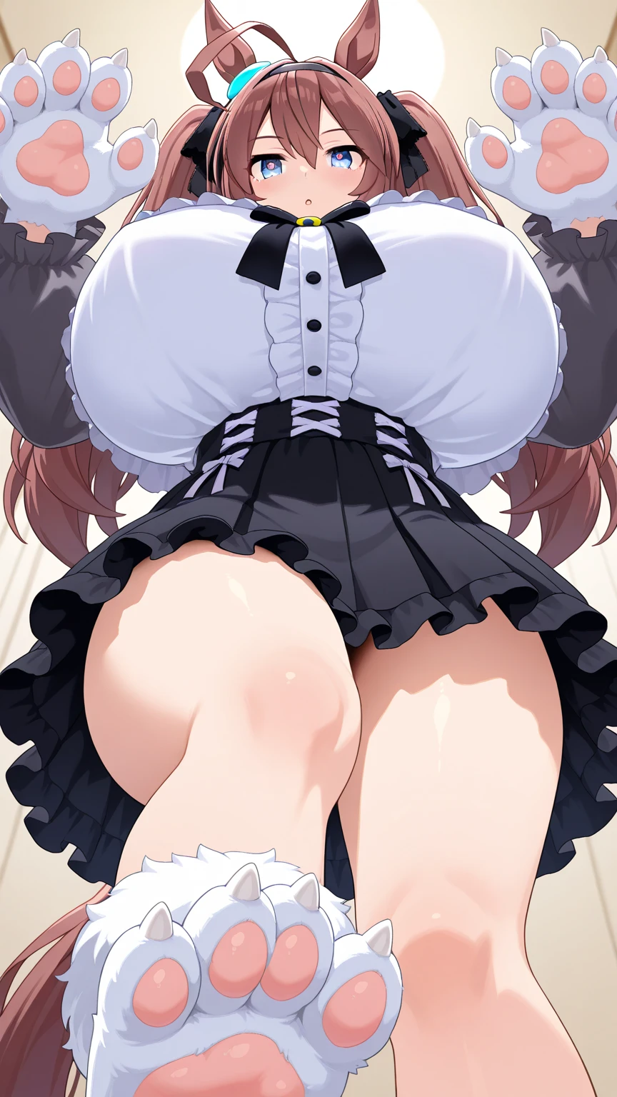 Cute beautiful girl、Embarrassing blush、Gothic Lolita Lingerie、Wavy Hair、Crouch down and place your head on the ground、Big Ass、From before、From below、look back、