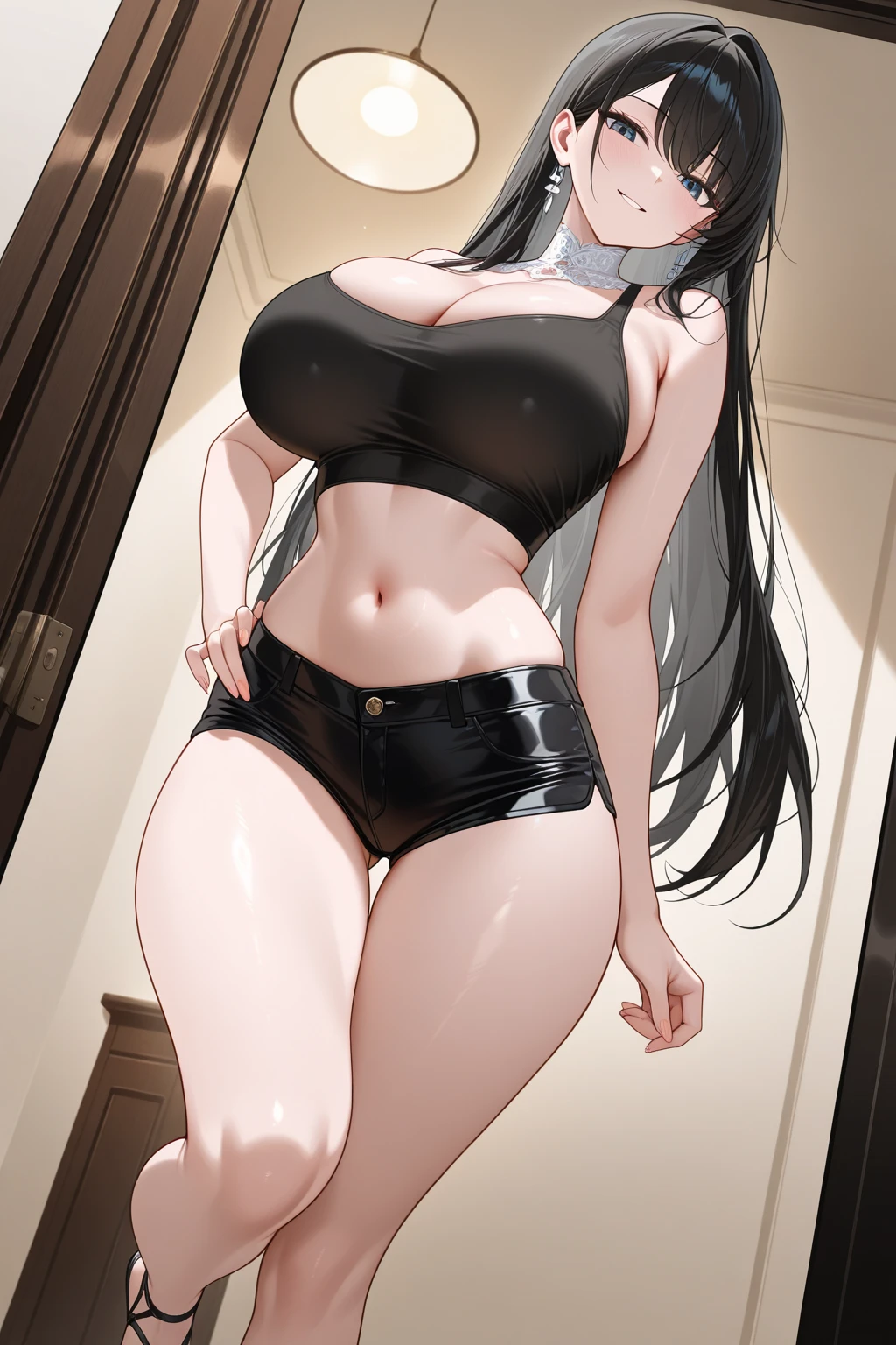 (masterpiece), (best quality), (beautiful eyes and face), (perfect female body), (shiny skin),
looking at viewer, cowboy shot,
1girl, solo, yor briar, black hair, long hair, red eyes,
large breasts,
white hairband, gold earrings, jewelry, black tshirt, black shirt, cleavege
smile,
standing,
living room, facing viewer, thong, sexy panties, no pants, large waist, thick thighs, thigh gap,
