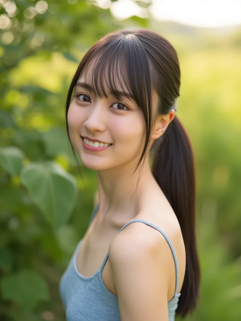 (Close up portrait of girl with slender small breasts with twin-tailed hair in white tank top:1.5)、(Smiling girl looking at morning glory flowers:1.5)、(Blue Sky Park:1.3)、(tre anatomically correct:1.3)、(complete hands:1.3)、(complete fingers:1.3)、Photorealsitic、Raw photography、masutepiece、top-quality、Hi-Res、delicate and pretty、face perfect、Beautiful detailed eyes、Fair skin、Real Human Skin、pores、((thin legs))、(Dark hair)
