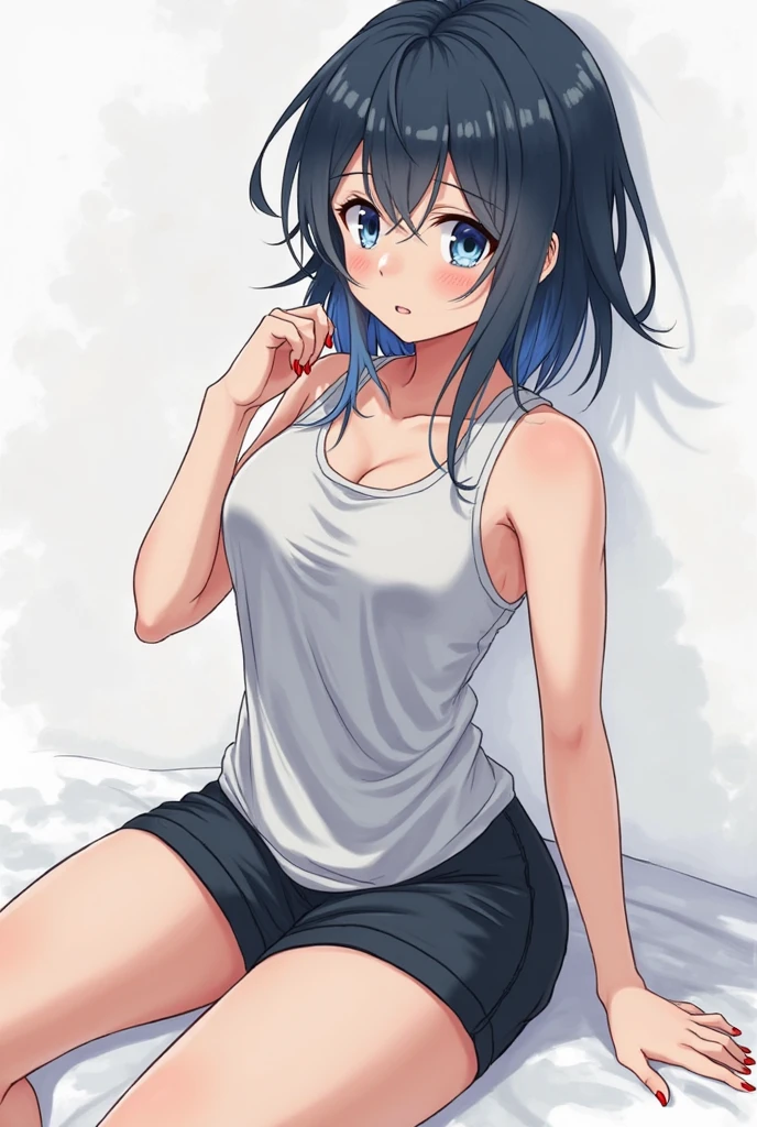 Cute anime girl with black hair and blue eyes, sitting on a bed, she wears a black tank top and pink shorts, she looks attentive and is attentive in the image, Anime Moe Artstyle.