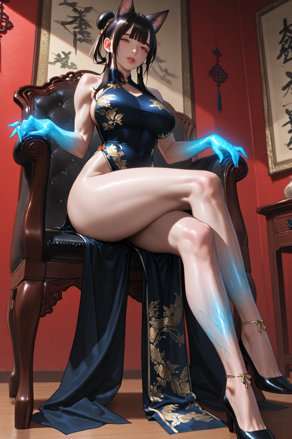 A sexy and seductive lady, high-forked hanfu, gorgeous hanfu, stiletto heels, bare legs, teasing expressions, sitting on a throne, striped hair, black hair, moles under the eyes, half-closed eyes, makeup, anime style, chinese court, chinese feeling, lantern, chinese knot, uhd, masterpiece, 8k, Best Quality, Ccurate, Anatomically Correct, Highly Detailed Characters, Stiletto Heels, Bare Legs, Round and Smooth Bare Legs, (8k, RAW photo, best quality, masterpiece:1.2), european feel, medieval, (character concept art), full body concept, still life, fine detail, center of screen, still life only,