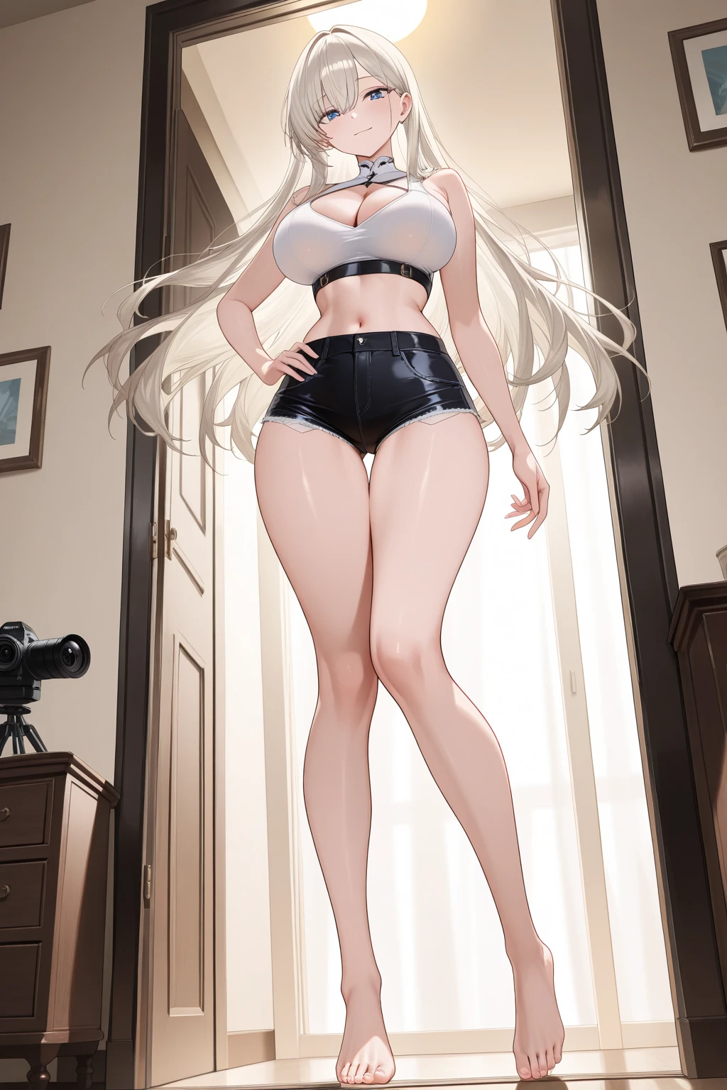 1 girl, (tiny white tank top1.3), (sheer shiny brown pantyhose under low-cut tight cotton shorts:1.3), long straight flowing platinum-blonde hair, (emphasis on her legs and feet:1.3), (low wedge black heel booties:1.1), (huge breasts:1.3), girly pose, sexy legs, skinny, small hips, small butt, stunningly beautiful, (thin:1.1), fit, , athletic, freckles, dark makeup, backdrop of a lavish marble hallway, Masterpiece, ultra-high detail, low angle, from below, feet in view, (show entire body), sexy ankles, feet in view, low denier, cute