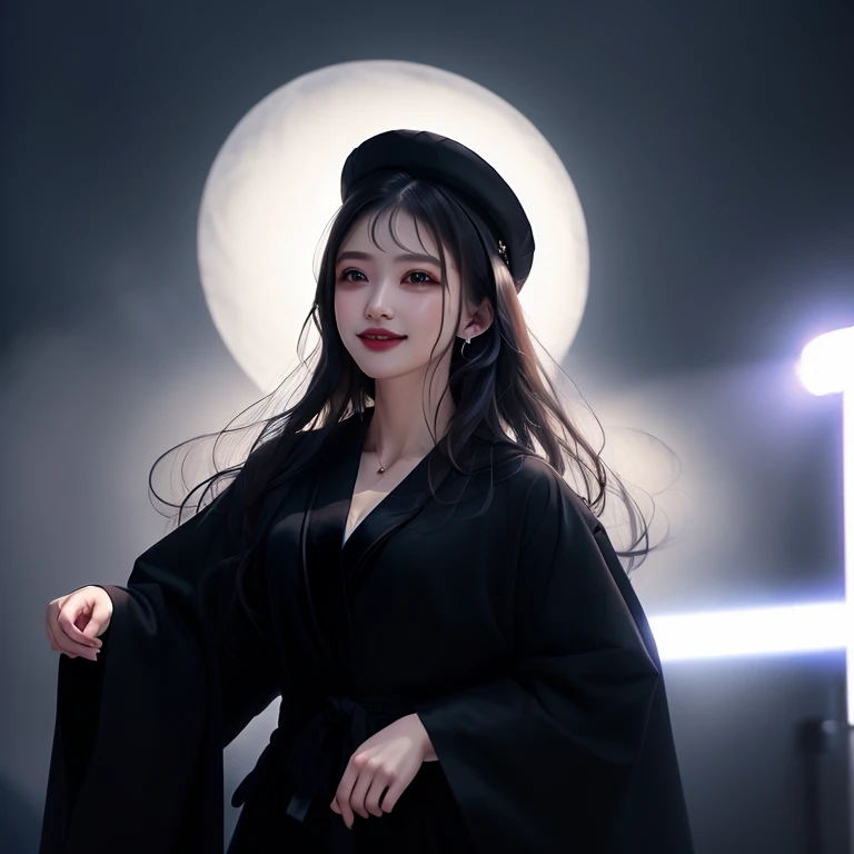 (top-quality,masterpiece),Shadow , hoods,Dressed in a black robe,mont, Japan model to confront the moon,Very beautiful face,Bewitching look,Colossal tits, (Detailed_Background:1.3)