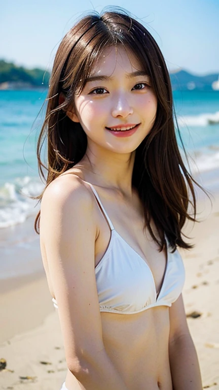 A beautiful Japanese woman stands on the sandy beach by the sea with her back straight and her belly button visible., high teenager, Full body photo taken from the front, long eyes, beautiful eyes, Eye pupils are black, Height: 155cm, bust 79cm, Waist 55cm, Hip 85cm, Bob cut brown hair, Healthy thighs, barefoot, Rest your left foot, Shot straight ahead, full body shot,The photo was taken from a camera height of 50cm above the ground., looking at the camera, elongated facial contour, Smile a little,sharp cheeks, round chin, clean nose, looking at the camera, round chin, long eyes, beautiful eyes, black eyes, The navel is visible、White sleeveless shirt with large blue polka dots on a white background, Fluttering white short miniskirt