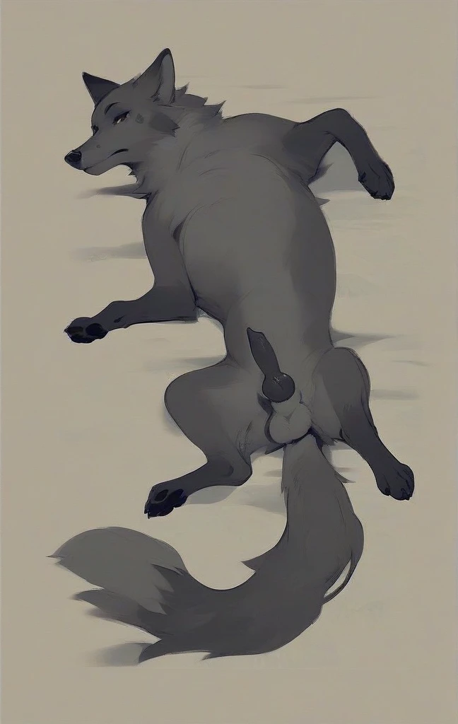 Art by spottyjaguar, art by plumbelly,art by raptoral,posted on e621,solo,male wolf,(feral wolf,quadruped wolf:1.3),balls,sheath,sketch art,sitting,thick legs,front view,seductive,big canid