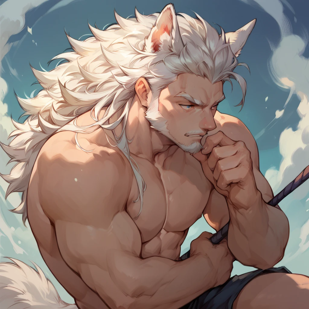 Muscular male wearing  and thigh high socks, has flowing white hair, has wolf ears, has wolf tail, wearing 