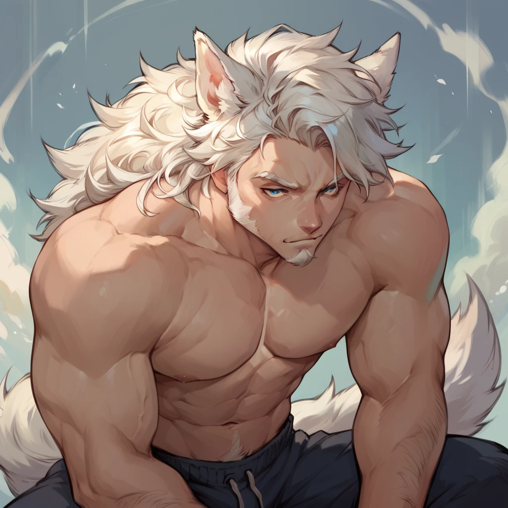 Male with light beard, flowing white hair, has wolf ears, has wolf tail, shirtless, happy, playful, in comfy pajamas, shirtless