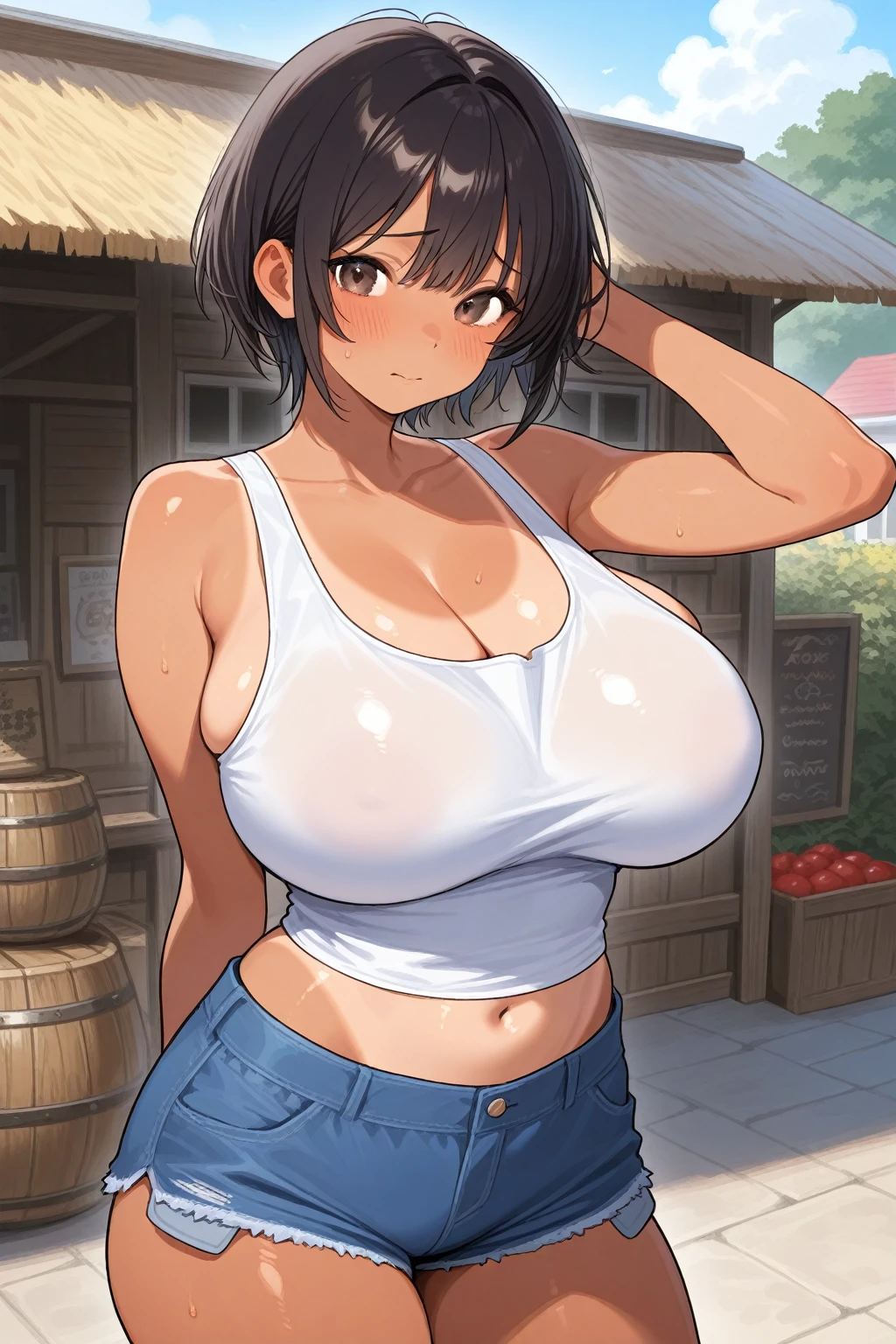 Mini short jeans skirt, grey seamless cami top with shoulder straps, size small, Huge breasts, Erect nipples, exposed belly bottom, Scrawny:1.7, cleavage, Exposed Thigh, big breasts, ball breasts, ankle