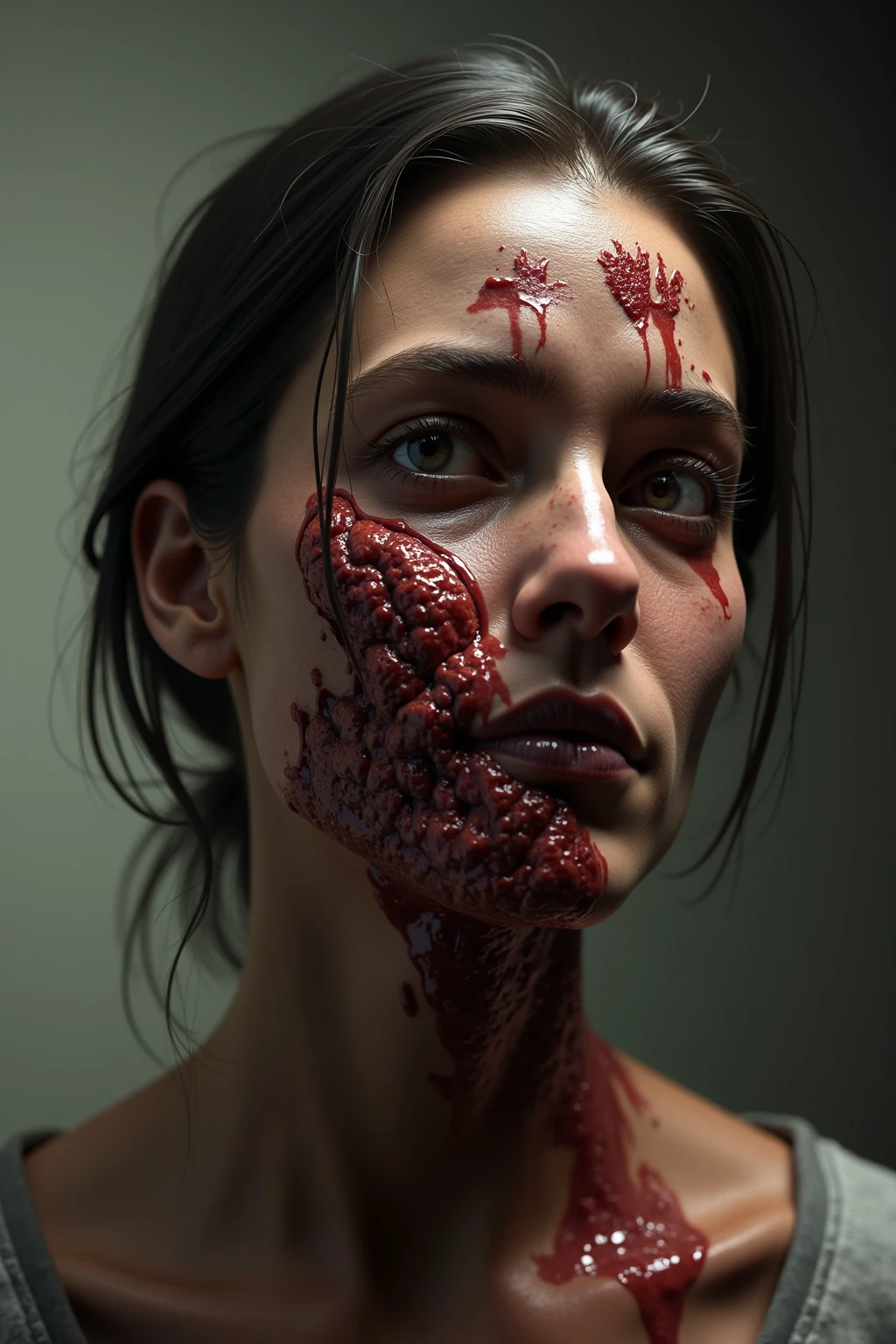 Tiro de medio cuerpo, hyperrealism photography, Beautiful model with avant-garde gelatin xenomorphic nun mask, cubierto de sangre, Renderizado de octanaje