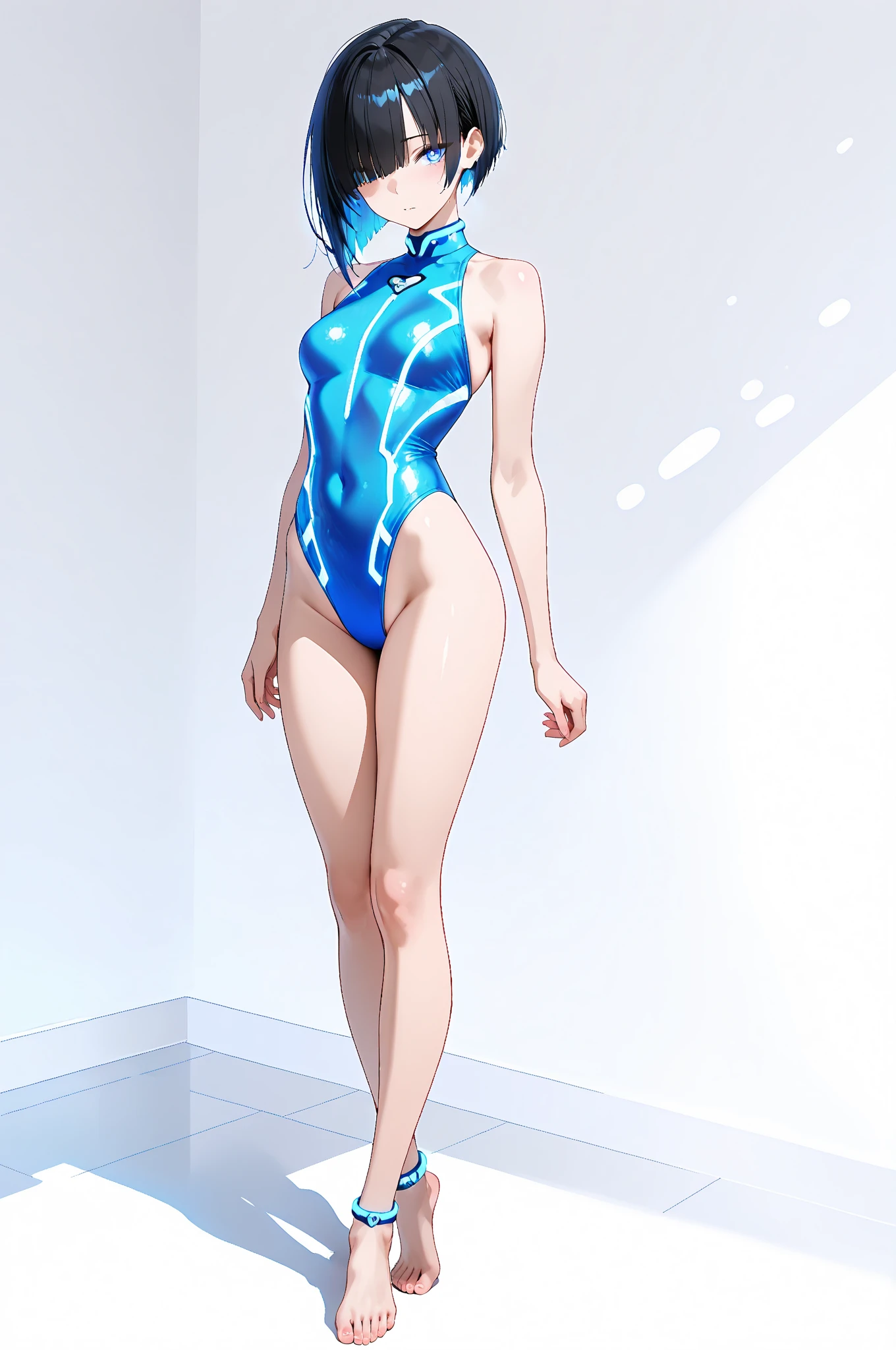 Man in blue leotard, outfit: cyan leotard, Rei Ayanami in leotard, rogue anime boy Rei Ayanami, anime male full body art, leotard, leotard