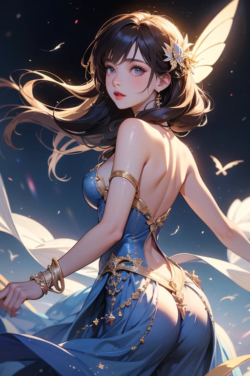 (Masterpiece, top quality, best quality, official art, Beauty and aesthetics: 1.2), (1 girl: 1.3), very detailed, (fractal art: 1.2), colorful, highest detail, (zentangle: 1.2), (dynamic pose), (abstract background: 1.5), (three-layer dress: 1.2), (shiny skin), (multiple colors: 1.4), upper body, transparent gauze, bare shoulders, blooming flower field, glowing skin, light smile, sexy, bust, naked, from below, butt up waiting up