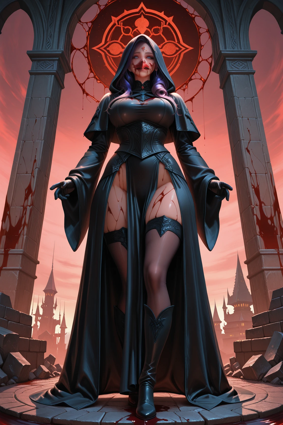 Stormy Daniels: The evil nun, Demon horn, Demon wings on the head , an evil red glow emanating from her, his hands preparing a purple ball of fire, diabolique, insidieux, Context of the Satanic Church