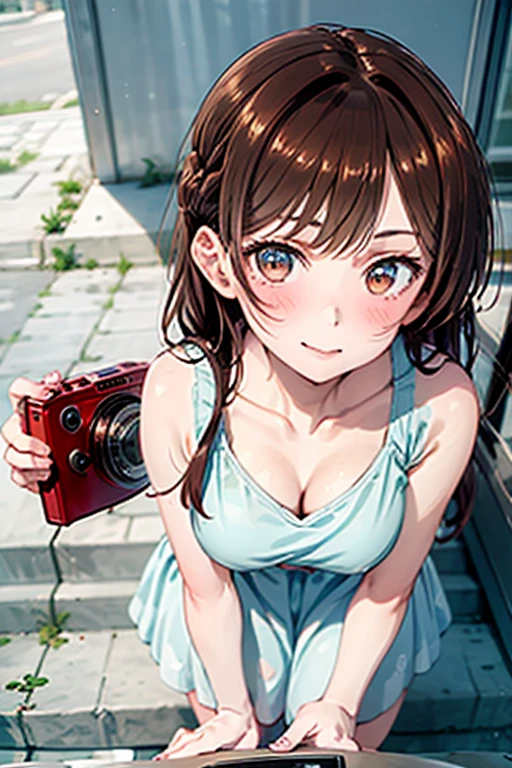 anime girl，university student，Big breasts，Smile，Long brown-blond hair,Green eyes, red painter beret，Holding an elegant Leica camera，Beautiful anime art work，Anime style 4K, Anime Art Wallpaper 4k, italian cafe