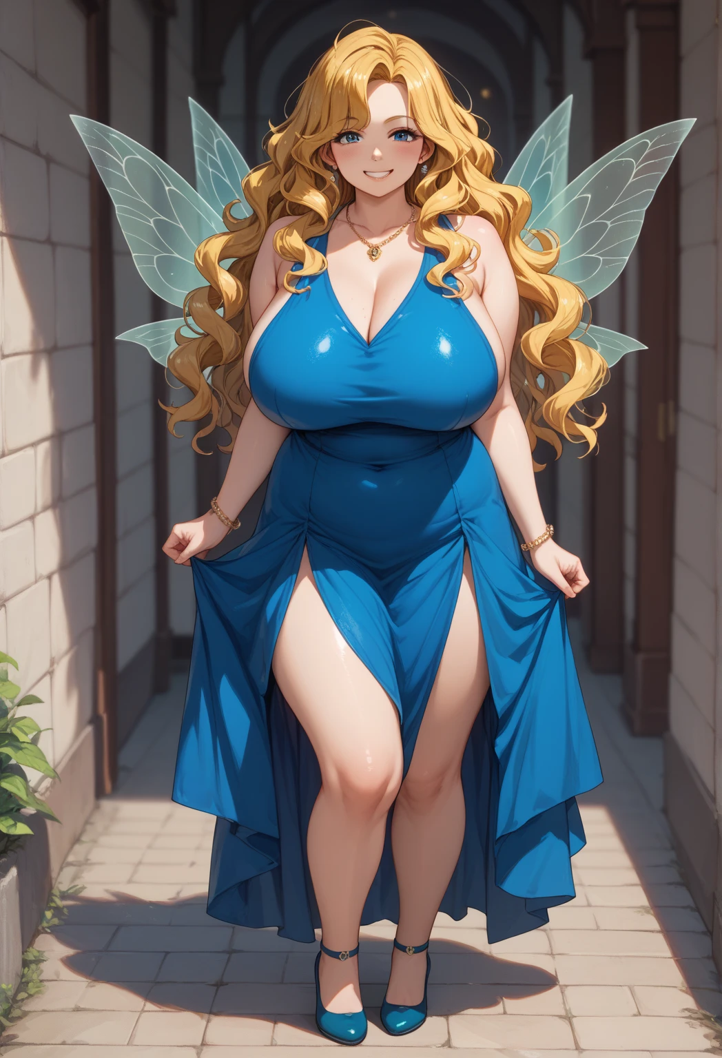 (masterpiece), best quality, expressive eyes, perfect face,1girl, big breasts,white dragon horns,white dragon wings, white dragon tail, looking at viewer,blonde hair, wavy hair, blue eyes, full body,diamond necklace, blue navy long sexy dress, high heels,smiles,dazzling night,standing,head tilt,one hand outstretched to viewer