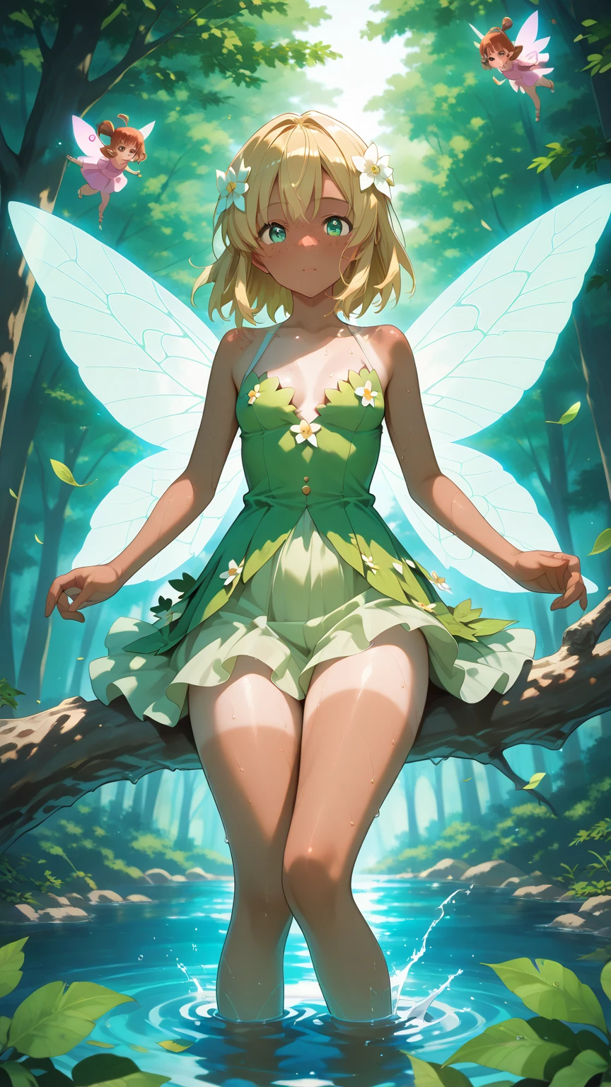 Forest Fairy,Mysterious, small and cute,wood々In the thick forest,光に包まれた幾人もの妖精がwoodの枝に座っている,Flying high and high,Barefoot,Mysterious Mysterious,Vibrant wildflowers blooming in the forest,Fantasy,Exquisite atmosphere,Masterpiece,Highest quality,Detailed anime art,Digital Art,