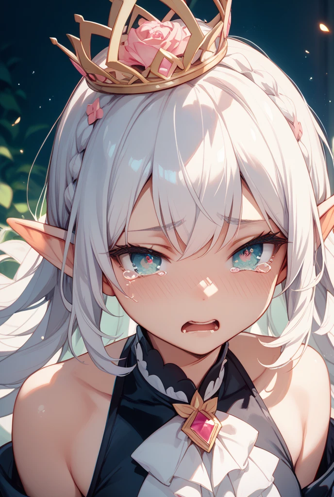 { masterpiece : best quality : high resolution : unity 8k wallpaper : illustration : extremely detailed face : perfect lighting : extremely detailed CG : perfect anatomy } { background = horror theme : dark forest} { character = Kokkoro : lolicon : elf : usual clothes : white short hair : alone : fit body : open mouth : pain : screaming : pov close up inside mouth : tears : sweating : looking at viewer : bare shoulder : struggling : eyes roll back}
