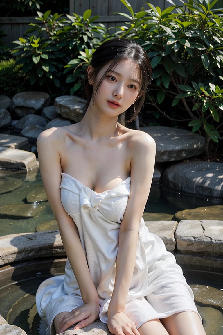 best qualtiy,tmasterpiece,超高分辨率,(Realistis:1.4),RAW photogr,1个Giant Breast Girl,long whitr hair,Light makeup,cparted lips,tiny ears,In the garden,Floral dress,耳Nipple Ring,slim,realisticlying