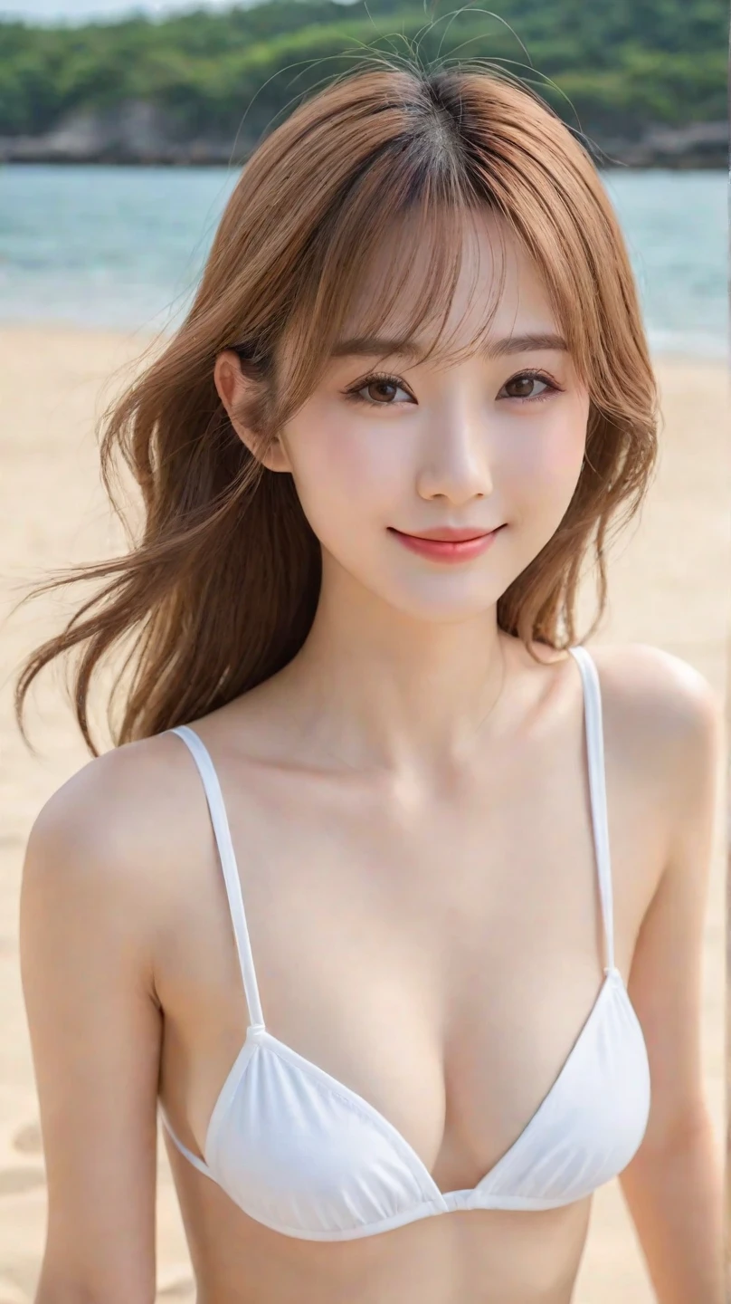 (top-quality、Top image quality、超A high resolution)、age19、独奏、(flat-chest: 1.5)、(small tits)、(Fancy Micro Bikini)、small tit、cute smile face、with round face、blondehair、Beautiful hairstyle、childlike 、Precise hands、Ultra-detailed and beautiful skin、Realistic and beautiful skin、Sandy beach and blue sky on background、Super detailed and beautiful face、Realistic young idol、Full body photo、thin-waist