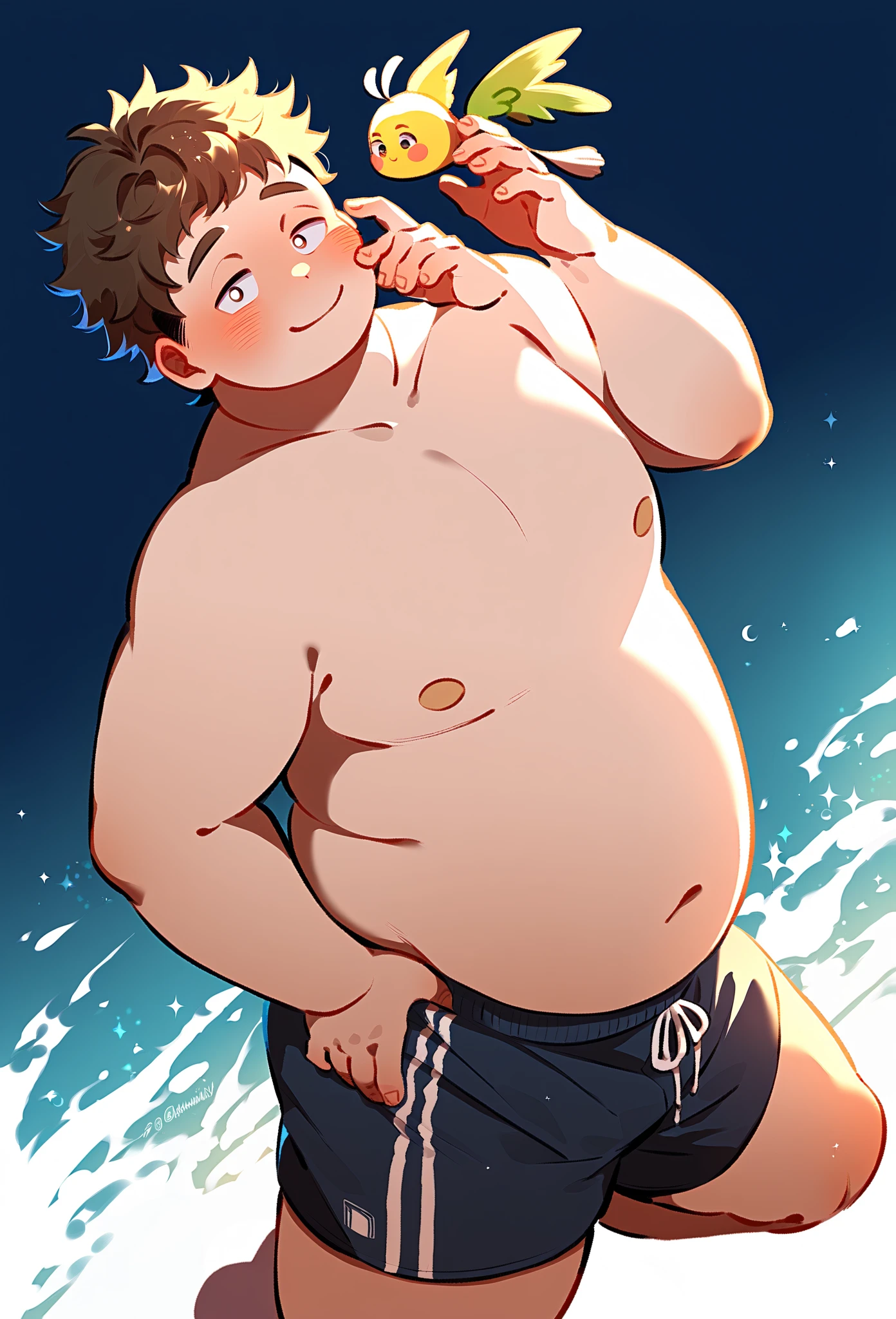 ((androgynos)), beautiful, (very short hair), (pudgy face), nipples, (belly button), ((boyish)), (cute), (chubby), belly, (sexly), (thick), (beefy), ((mischievous)), (handsome), muscular, (naughty smile), (Canines are visible), (swimsuits), (in beach), (Peeping), (Open your mouth), (Crouch down)
