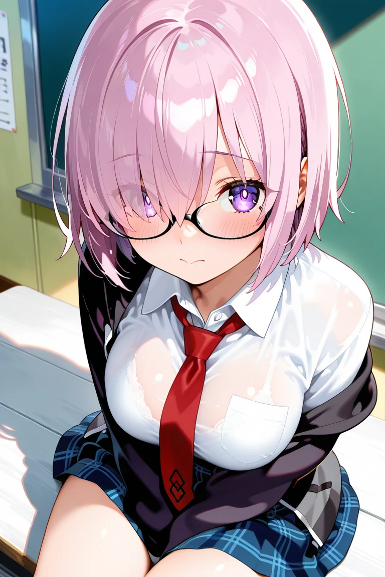 mashkyrielight, mash kyrielight, glasses, hair between eyes, hair over one eye, (purple eyes:1.1), pink hair, short hair,
BREAK hood, shirt, collared shirt, white collar, black shirt, necktie, red necktie,
BREAK looking at viewer,
BREAK indoors, classroom,
BREAK (masterpiece:1.2), best quality, high resolution, unity 8k wallpaper, (illustration:0.8), (beautiful detailed eyes:1.6), extremely detailed face, perfect lighting, extremely detailed CG, (perfect hands, perfect anatomy),